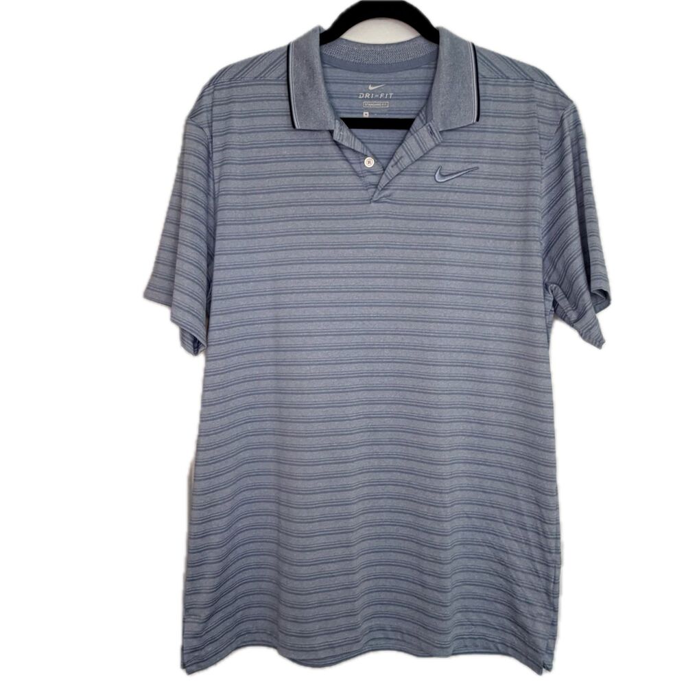 Nike Golf Dri-Fit Men's Medium Blue & Navy Polo Shirt Stripes Wicking Standard